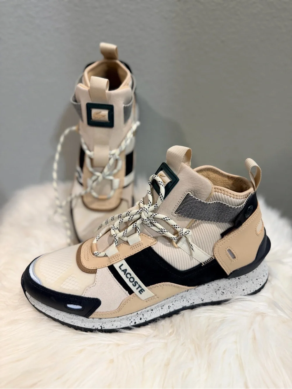 Lacoste Mens Run Breaker Mid cut Beige, Black and Cream Lace-Up Sneakers